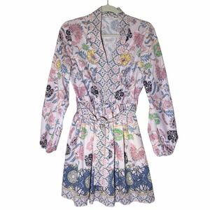 Sunday Up V-Neck Dress Paisley & Floral Boho Elastic Waist w/ Belt Size Medium